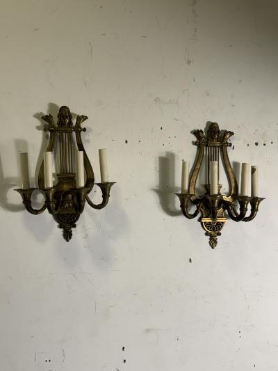 19TH CENTURY PAIR OF GILT BRONZE HARP SCONCES