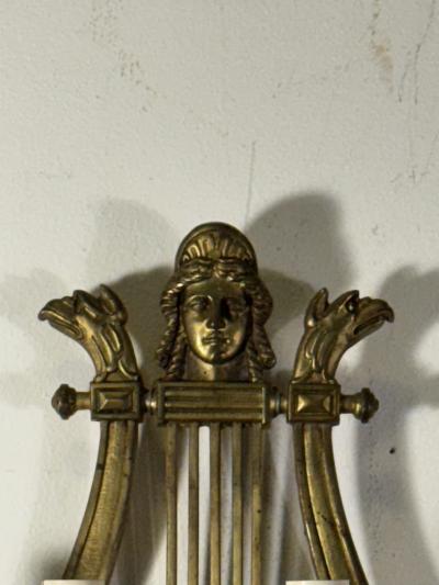 19TH CENTURY PAIR OF GILT BRONZE HARP SCONCES