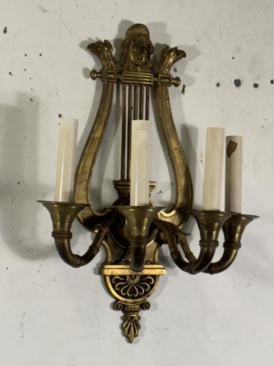 19TH CENTURY PAIR OF GILT BRONZE HARP SCONCES
