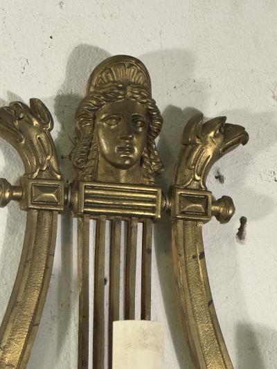 19TH CENTURY PAIR OF GILT BRONZE HARP SCONCES