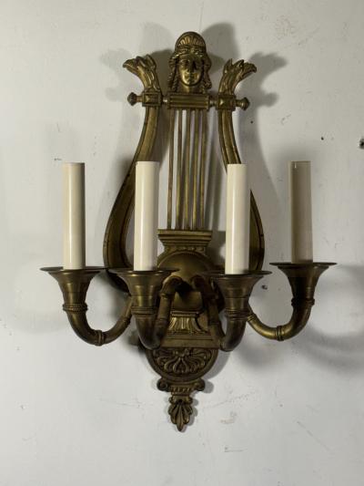 19TH CENTURY PAIR OF GILT BRONZE HARP SCONCES