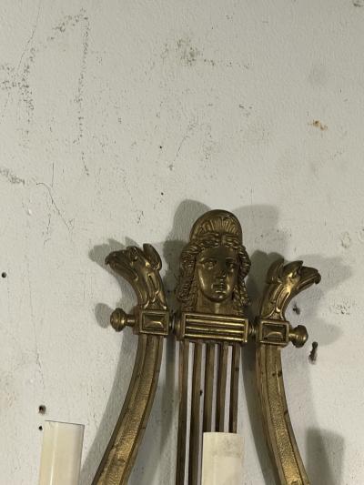 19TH CENTURY PAIR OF GILT BRONZE HARP SCONCES