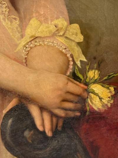 19TH CENTURY PORTRAIT OF A WOMAN IN FANCY BOWED PINK DRESS RIBBONED HAT