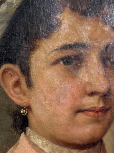 19TH CENTURY PORTRAIT OF A WOMAN IN FANCY BOWED PINK DRESS RIBBONED HAT