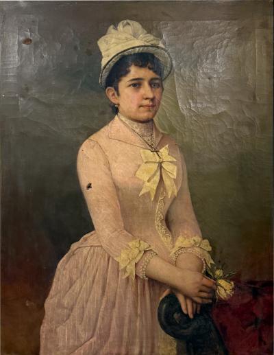 19TH CENTURY PORTRAIT OF A WOMAN IN FANCY BOWED PINK DRESS RIBBONED HAT