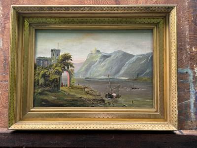 19TH CENTURY SCENIC CASTLE ON SHORE LANDSCAPE PAINTING IN ORIGINAL GILT FRAME