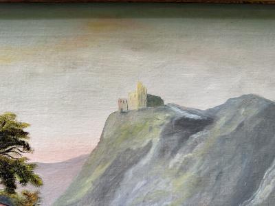 19TH CENTURY SCENIC CASTLE ON SHORE LANDSCAPE PAINTING IN ORIGINAL GILT FRAME