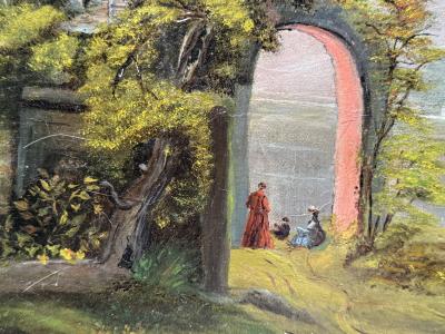 19TH CENTURY SCENIC CASTLE ON SHORE LANDSCAPE PAINTING IN ORIGINAL GILT FRAME