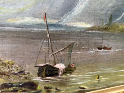 19TH CENTURY SCENIC CASTLE ON SHORE LANDSCAPE PAINTING IN ORIGINAL GILT FRAME