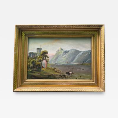 19TH CENTURY SCENIC CASTLE ON SHORE LANDSCAPE PAINTING IN ORIGINAL GILT FRAME