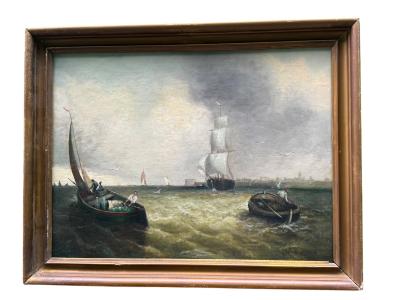 19TH CENTURY SHIPS FISHING BOATS OFF ITALIAN COAST PAINTING