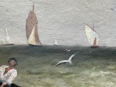 19TH CENTURY SHIPS FISHING BOATS OFF ITALIAN COAST PAINTING