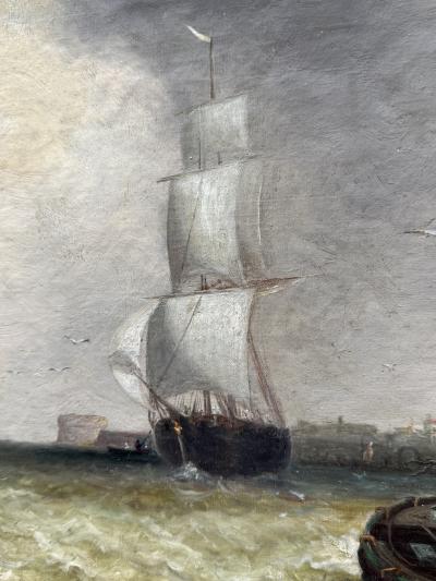 19TH CENTURY SHIPS FISHING BOATS OFF ITALIAN COAST PAINTING