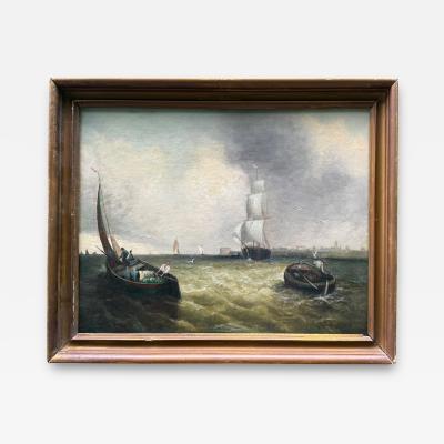 19TH CENTURY SHIPS FISHING BOATS OFF ITALIAN COAST PAINTING