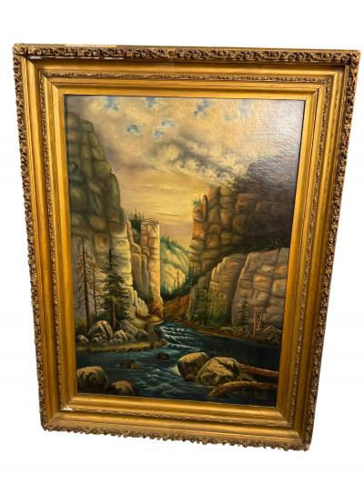 19TH CENTURY UNIQUELY COLORED RIVER IN FORESTED STONE CANYON OIL PAINTING