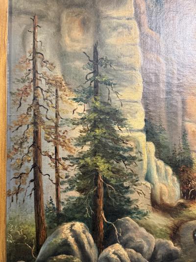 19TH CENTURY UNIQUELY COLORED RIVER IN FORESTED STONE CANYON OIL PAINTING