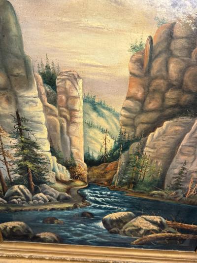 19TH CENTURY UNIQUELY COLORED RIVER IN FORESTED STONE CANYON OIL PAINTING