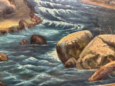 19TH CENTURY UNIQUELY COLORED RIVER IN FORESTED STONE CANYON OIL PAINTING