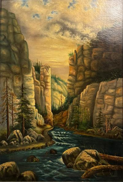 19TH CENTURY UNIQUELY COLORED RIVER IN FORESTED STONE CANYON OIL PAINTING