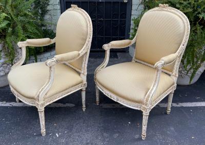 19c Antique French Louis XV XVI Transitional Arm Chairs a Pair