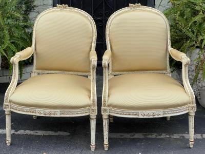 19c Antique French Louis XV XVI Transitional Arm Chairs a Pair