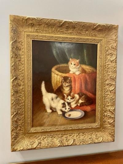 19th 20th Century Oil Painting of Kittens in a Basket at Feeding Time