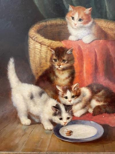 19th 20th Century Oil Painting of Kittens in a Basket at Feeding Time