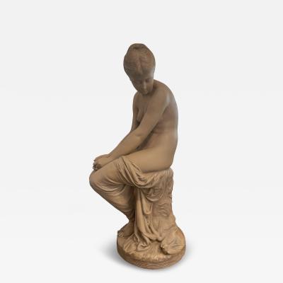 19th C French Antique Signed Taupe Terracotta Sculpture of Woman And Sparrows
