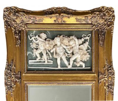 19th C French Neoclassical Beveled Trumeau Mirror Cherub Bas Relief Panel