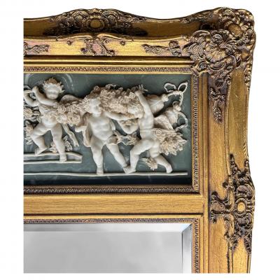19th C French Neoclassical Beveled Trumeau Mirror Cherub Bas Relief Panel