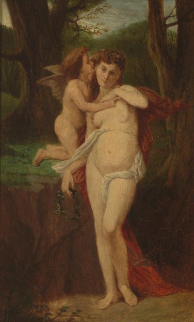 19th C French Shool Cupid Psyche Oil on Panel Framed 