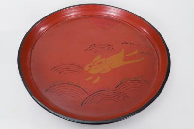 19th C Japanese Red Lacquer Tray with Rabbit Running Over Waves Under Full Moon