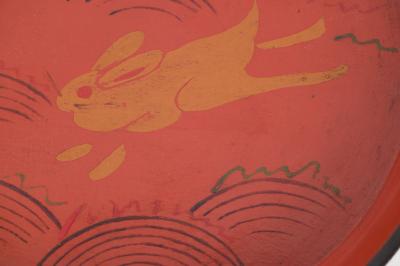 19th C Japanese Red Lacquer Tray with Rabbit Running Over Waves Under Full Moon