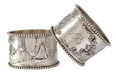 19th C Pair of Napkin Rings Dutch Sterling Silver Repousse