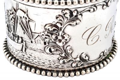 19th C Pair of Napkin Rings Dutch Sterling Silver Repousse