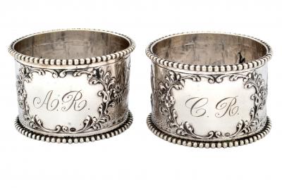 19th C Pair of Napkin Rings Dutch Sterling Silver Repousse