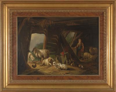 19th C Romanticism Genre Painting Pieter Plas Sheepstable Signed