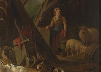 19th C Romanticism Genre Painting Pieter Plas Sheepstable Signed