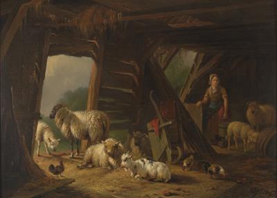 19th C Romanticism Genre Painting Pieter Plas Sheepstable Signed