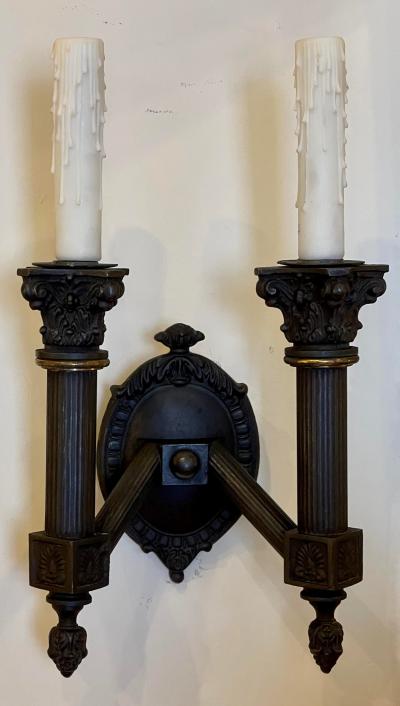 19th C Style Empire Ebonized Metal Gilt Bronze 2 Lite Wall Sconce