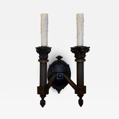 19th C Style Empire Ebonized Metal Gilt Bronze 2 Lite Wall Sconce