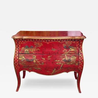 19th C Style Red Gold Chinoiserie Chest of Drawers Commode