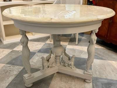 19th C Style Winged Griffin Marble Top Table W Figural Columns