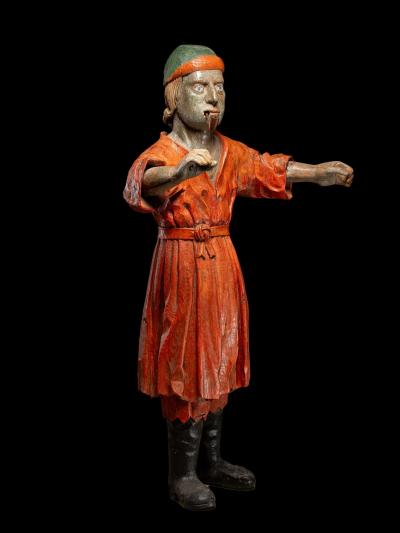 19th C Tobacco Shop Publicity Statue smoking a pipe polychromed wood