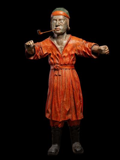 19th C Tobacco Shop Publicity Statue smoking a pipe polychromed wood