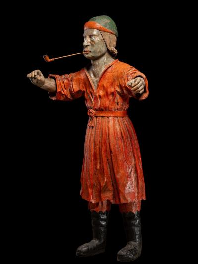 19th C Tobacco Shop Publicity Statue smoking a pipe polychromed wood