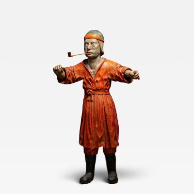 19th C Tobacco Shop Publicity Statue smoking a pipe polychromed wood