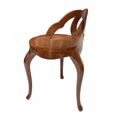 19th C Venetian Walnut Petite Vanity Stool Chair W Cane Seat