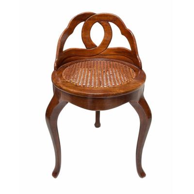 19th C Venetian Walnut Petite Vanity Stool Chair W Cane Seat