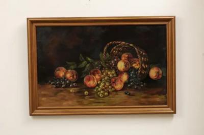 19th Century American Framed Still Life Painting Depicting Peaches and Grapes